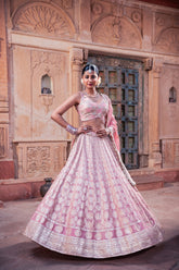 Pink Jacquard Tissue Hand Embellished Lehenga Set